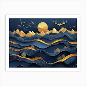 3d Dark Blue and Golden Wave Background Mountains, Golden Deer and Birds Art Print