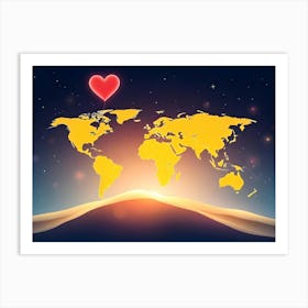 World Map With Heart Art Print