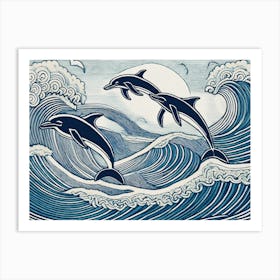 Jumping Dolphins Linocut Print Art Print