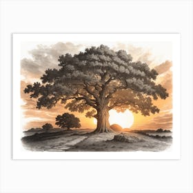 Oak Tree At Sunset Art Print