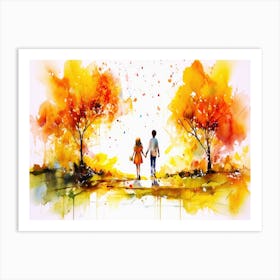 Young Love Autumn - Watercolor Of Couple Holding Hands Art Print