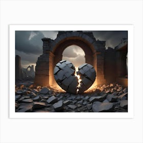 A Broken, White Heart With A Glowing Light Emanating From Its Center, Set Against A Backdrop Of Crumbling Ruins, Symbolizing Hope And Resilience Art Print