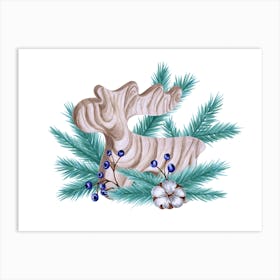 Christmas Composition With Wooden Deer, Blue Berries and Cotton Flower Art Print