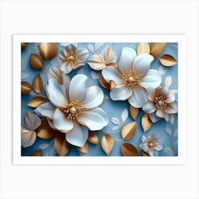 Flowers On Blue Background Art Print