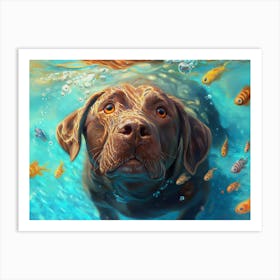 A Cute Chocolate Labrador Swimming Under The Water Art Print