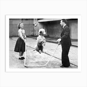 Poodle Jumping Rope, Funny Black and White Old Photo, Vintage Dog Art Art Print