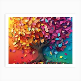 3d Abstraction Art, A Tree Surrounded By Many Colorful Leaves 1 Art Print