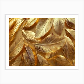 3d Art Golden Feathers Background, Luxury Leaves Texture Art Print