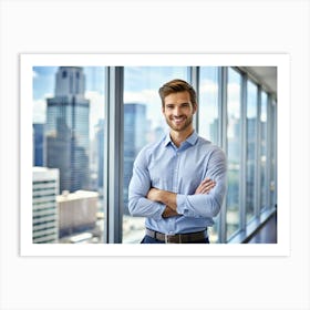 Confident Businessman With City Skyline Behind Him Art Print