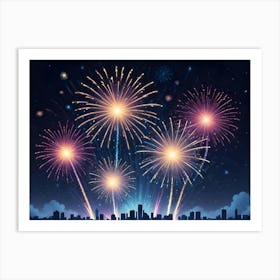 An Illustration Of Multiple Fireworks Exploding Over A City Skyline In The Night Sky Art Print