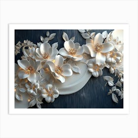 3d White And Blue Background Adorned With Golden Jewelry And Flowers 1 Art Print