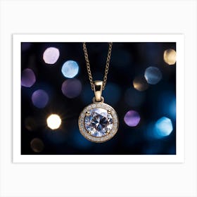 Close Up Of A Shimmering Diamond Pendant Catching Reflections Of A Galaxy Themed Party With Soft Bl (5) Art Print