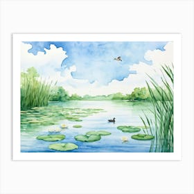 Watercolor Painting Depicting A Tranquil Scene With Water Lilies And A Leaf Floating On A Serene Swe Art Print