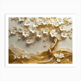 3d Art Golden Tree with White Flowers 1 Art Print