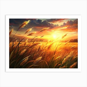 Golden Grass Field At Sunset Art Print