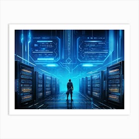 A Digital Painting Of An Abstract Cyber World In Which A Thick Neon Blue Firewall Serves As A Rugg (5) Art Print