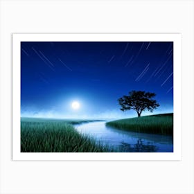 Midnight In A Tranquil Meadow Moon Casting A Silver Glow Over The Undulating Grasses Stars Dotting Art Print