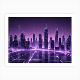 An Illustration Of A Futuristic Cityscape With Tall Buildings Rendered In Blue Lines Art Print