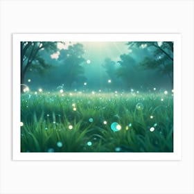 A Grassy Field With Glowing Lights That Resemble Fireflies Art Print