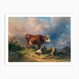 Vintage Painting Cow And Calf In The Mountains Art Print