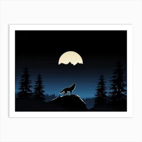 Illustration Of A Lone Wolf Howling Under A Full Moon In The Wilderness Of Wyoming Its Silhouette A (3) Art Print