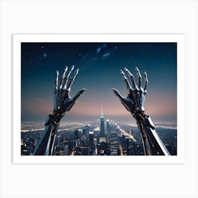 Two Robotic Hands Are Raised Towards A Cityscape At Night Art Print