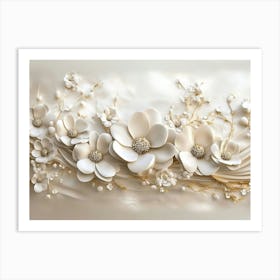 3d White Flower Golden Design Art Print