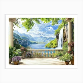 Stunning View From The Terrace On A Beautiful Mountain Landscape With A Waterfall 1 Art Print