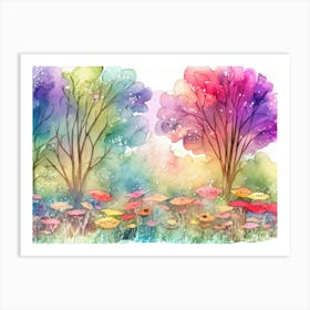 Watercolor Of Trees And Flowers Art Print