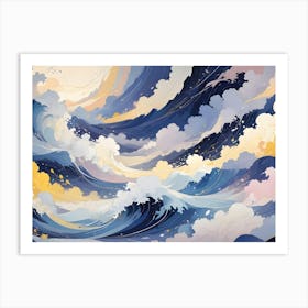 A Whimsical, Artistic Illustration Of Swirling Waves In Shades Of Blue, White, And Gold, Resembling A Seascape Or A Dreamlike Landscape Art Print