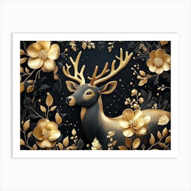 Elegant Luxury Golden And Black Deer Animal With Seamless Floral And Flowers With Leaves Background Poster