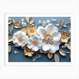 3d Artwork Illustration White and Blue Background with Golden Jewelry and Flowers 1 Art Print