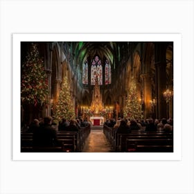 A Christmas Eve Service In A Candlelit Gothic Cathedral Illuminated Pews Leading To The Altar Prepa (1) Art Print