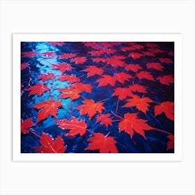 Vibrant Red Maple Leaves Floating On The Surface Of Dark Blue Water, Illuminated With An Ethereal Glow Art Print