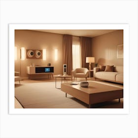 A Modern Living Room Interior With A White Sofa, Two Armchairs, A Coffee Table, A Tv, And Floor Lamps Art Print