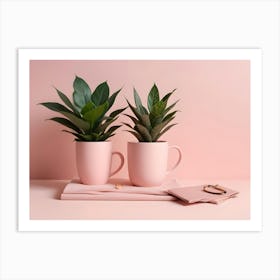 Photo Of Two Plants In Pink Mugs, A Gold Ring, And A Pink Pouch On A Pink Surface Art Print