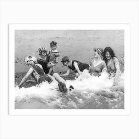 Women Having Fun At The Beach, Black and White Vintage Old Photo Art Print