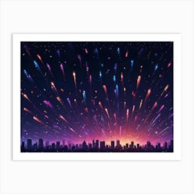 Abstract Image Of Colorful Fireworks Exploding Over A Cityscape Silhouette At Night Art Print