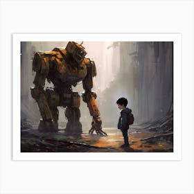 Boy standing in awe, looking at a damaged robot Art Print