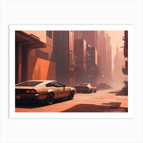 A Digital Illustration Of Two Cars Driving Down A Futuristic Street In A Desolate City Art Print