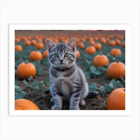 Cute Kitten In A Pumpkin Patch Art Print