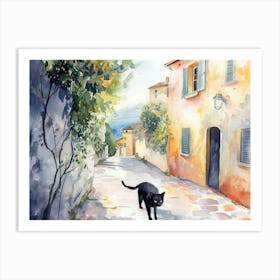 Black Cat In Reggio Calabria, Italy, Street Art Watercolour Painting 3 Art Print