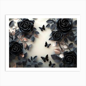 3d View of the 3d Art Showing Black Roses and Butterflies on A Beautiful Background Art Print