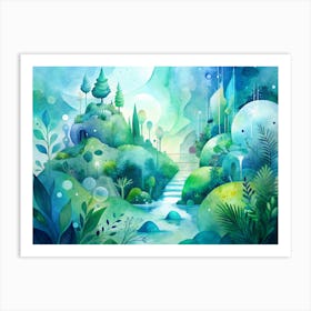 Dreamlike Watercolor Landscape With A Bridge And River Art Print