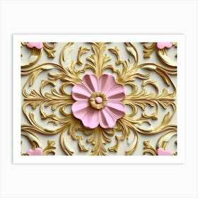 Seamless Sculpture Retro Pattern Gold Round Curve Cross Frame Pink Flower Plant Kaleidoscope Art Print