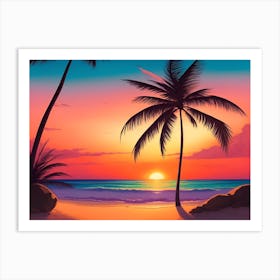 A Tranquil Beach At Sunset Horizontal Illustration 13 Art Print