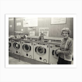 Lady And Cats In A Launderette Art Print