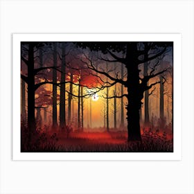 Forest At Sunset,   Forest bathed in the warm glow of the setting sun, forest sunset illustration, forest at sunset, sunset forest vector art, sunset, forest painting,dark forest, landscape painting, nature vector art, Forest Sunset art, trees, pines, spruces, and firs, orange and black.  Art Print
