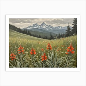 Vintage Oil Painting of indian Paintbrushes in a Meadow, Mountains in the Background 11 Art Print