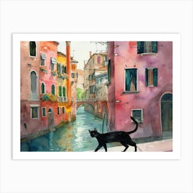 Black Cat In Venice, Italy, Street Art Watercolour Painting 3 Art Print